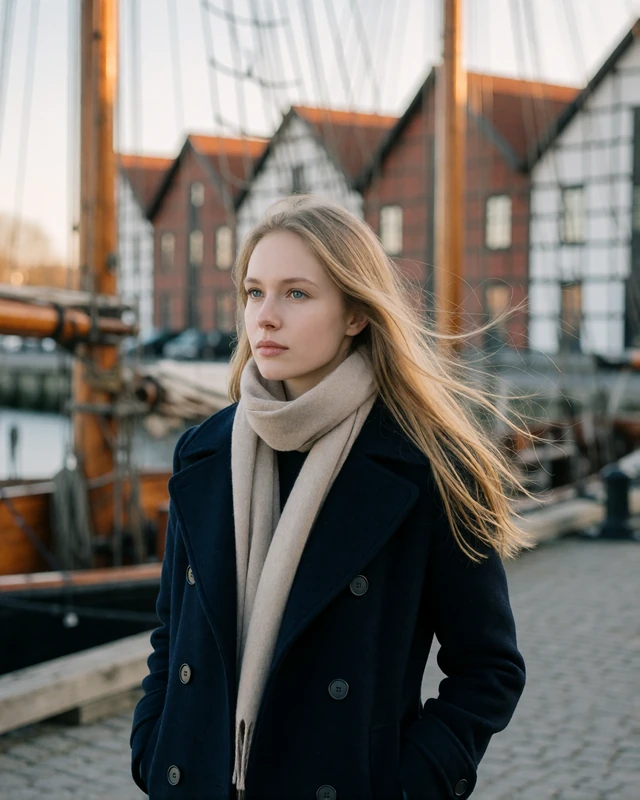 Lithuanian woman in a navy peacoat on the harbor promenade in Klaipeda, representing verified members on the Baltic coast