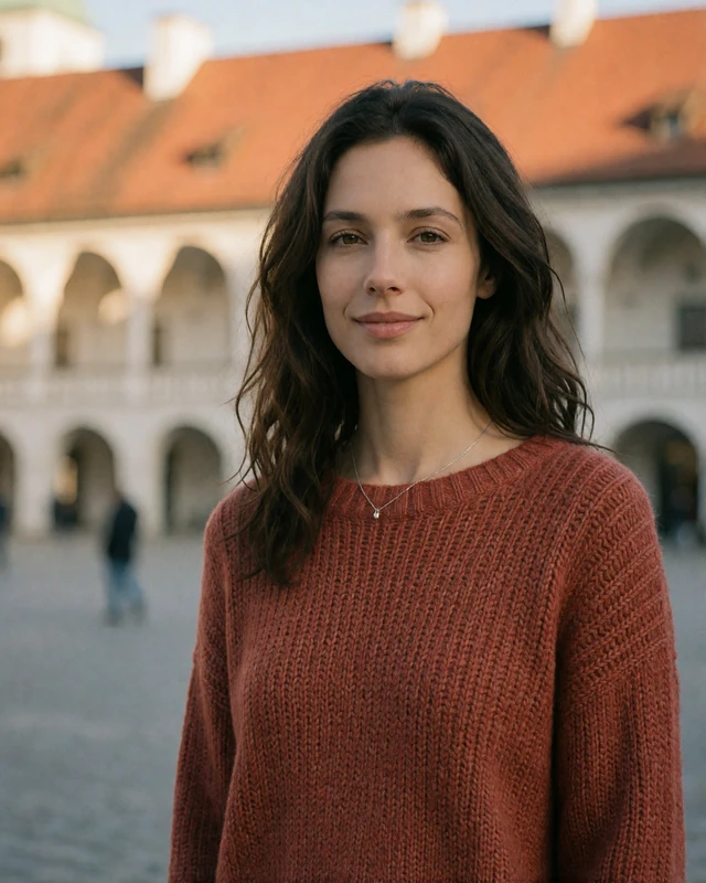 Austrian woman in a rust knit sweater on the Hauptplatz square in Graz, representing verified members in Styria