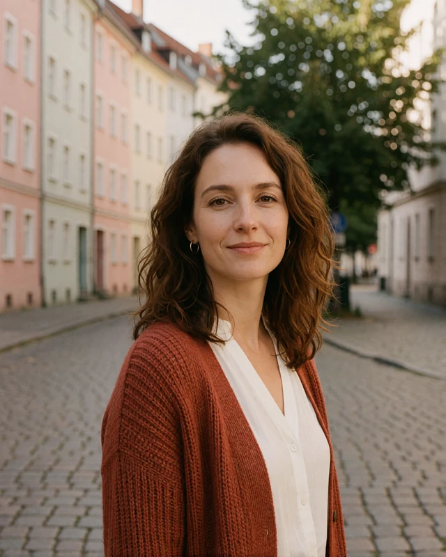 German woman in a rust cardigan on a cobbled Leipzig street, representing verified members in eastern Germany
