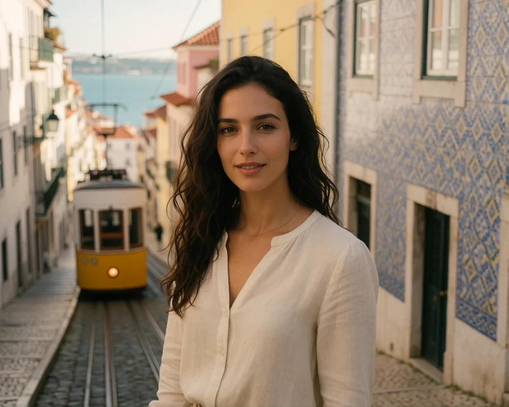 Portuguese woman in a cream linen blouse on a cobbled Lisbon hillside street above the Tagus river, representing verified Portuguese dating members