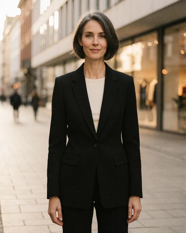 Belgian woman in a tailored black blazer in the Antwerp design district, representing verified members in northern Belgium