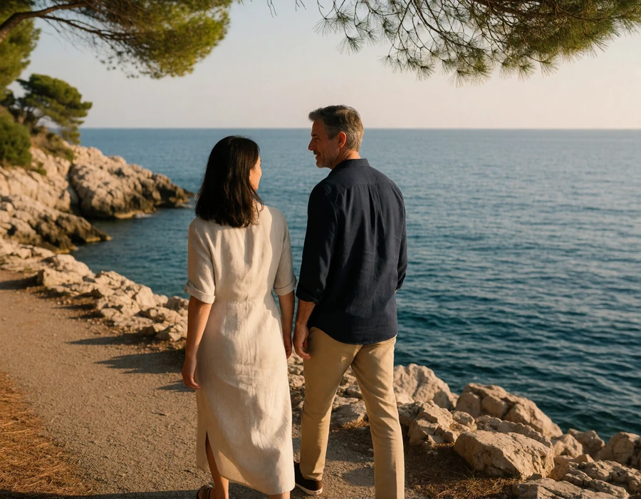 Mature couple walking a quiet coastal footpath between Monaco and Cap d'Ail, illustrating a Monaco-American relationship journey