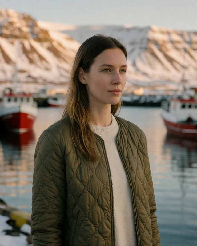 Icelandic woman in an olive jacket beside the harbor in Akureyri with fjord mountains behind, representing verified members in northern Iceland