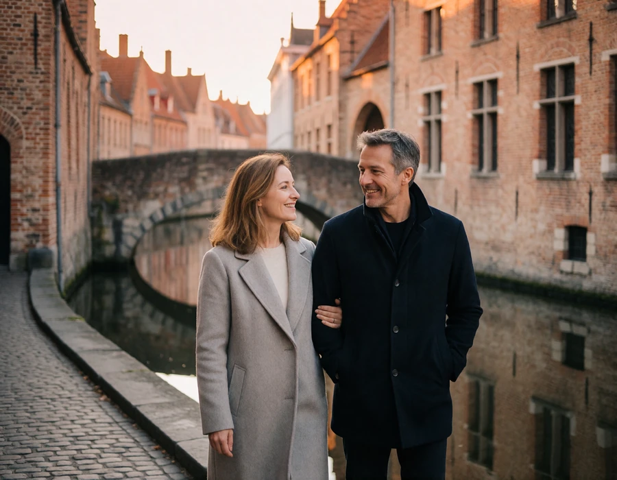 Mature couple walking along a quiet canal path in Bruges, illustrating a Belgian-American relationship journey