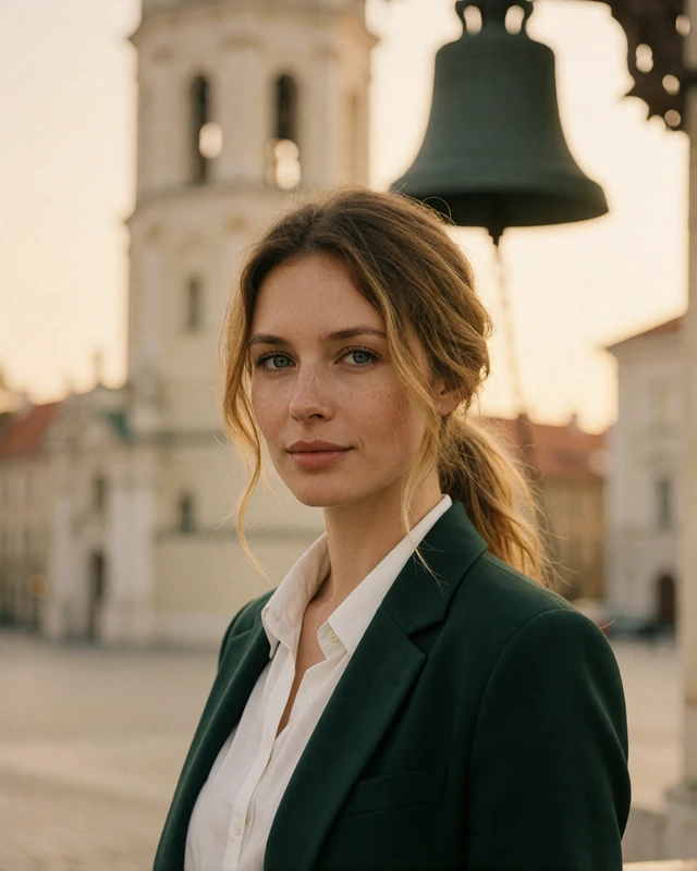 Lithuanian woman in a green blazer near baroque architecture in Vilnius, representing verified members in the capital