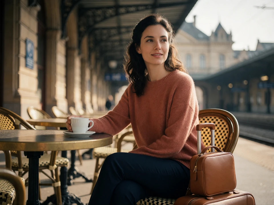 European woman waiting with a small suitcase at an outdoor train-station cafe table before meeting her date