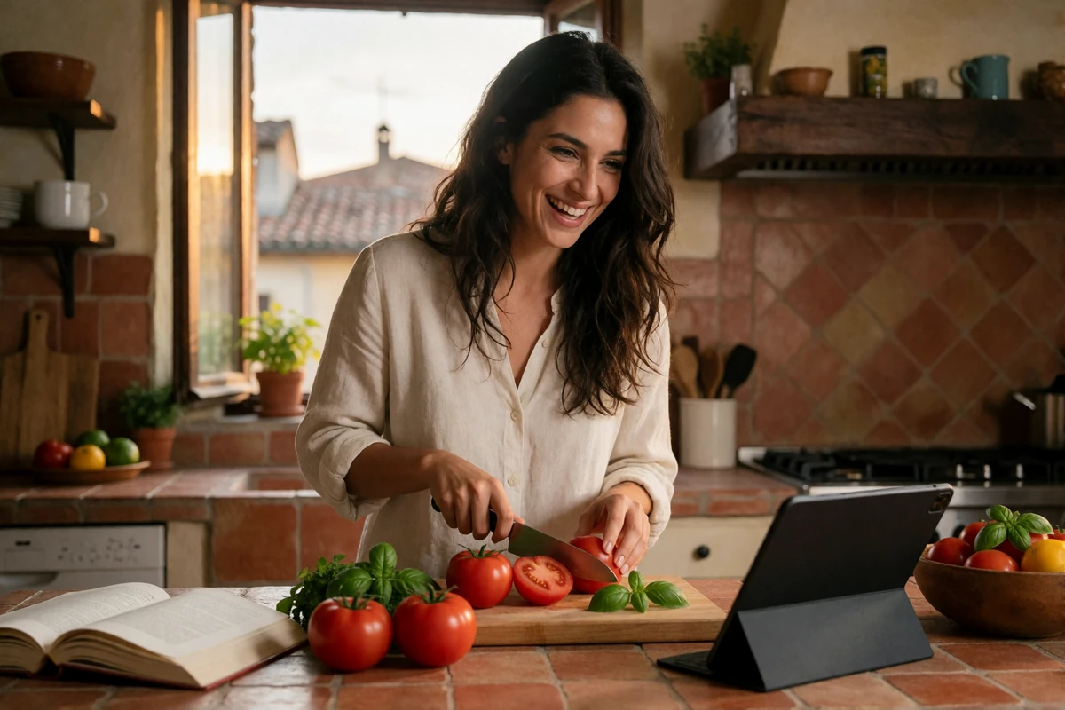 European woman cooking at her kitchen counter while on a shared video call date with her partner