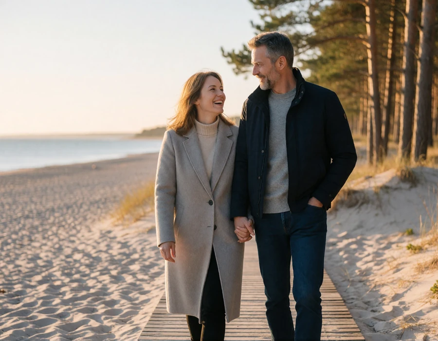 American man and his Latvian partner walking hand in hand on the Jurmala beach boardwalk at golden hour