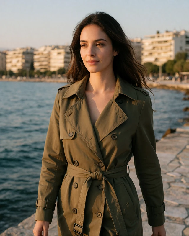 Greek woman in an olive trench coat walking the Thessaloniki seafront promenade, representing verified members in northern Greece