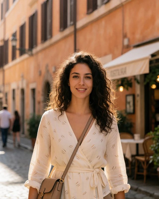 Italian woman walking a sunlit Roman street, representing verified Italian members on the platform