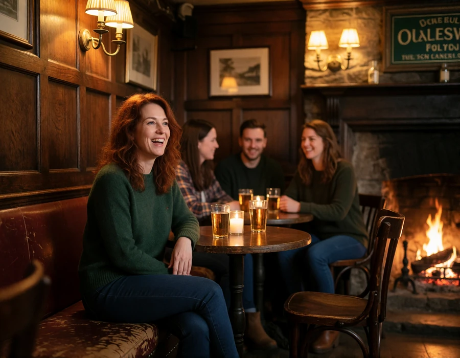 Irish woman laughing with friends at a table in a traditional pub with a turf fire, illustrating Ireland's social dating settings