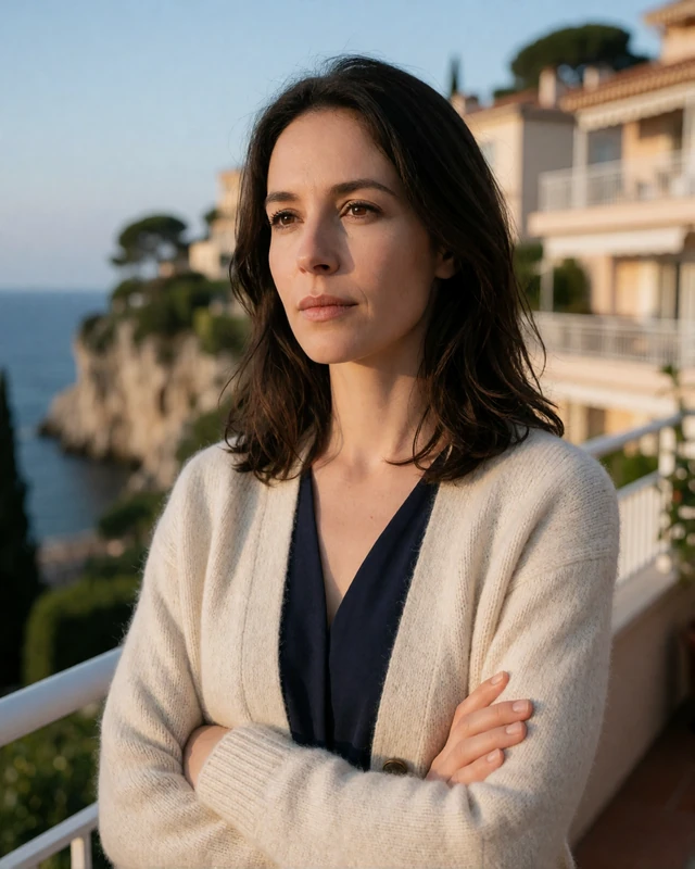 Woman in a cream cardigan on a quiet residential terrace in the Saint-Roman district of Monaco, representing verified members near the French border