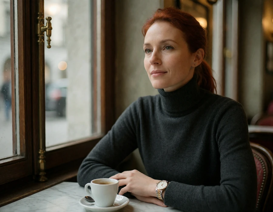 Swiss woman in a charcoal turtleneck at a marble table in a quiet Zurich cafe, illustrating reserved Swiss dating culture