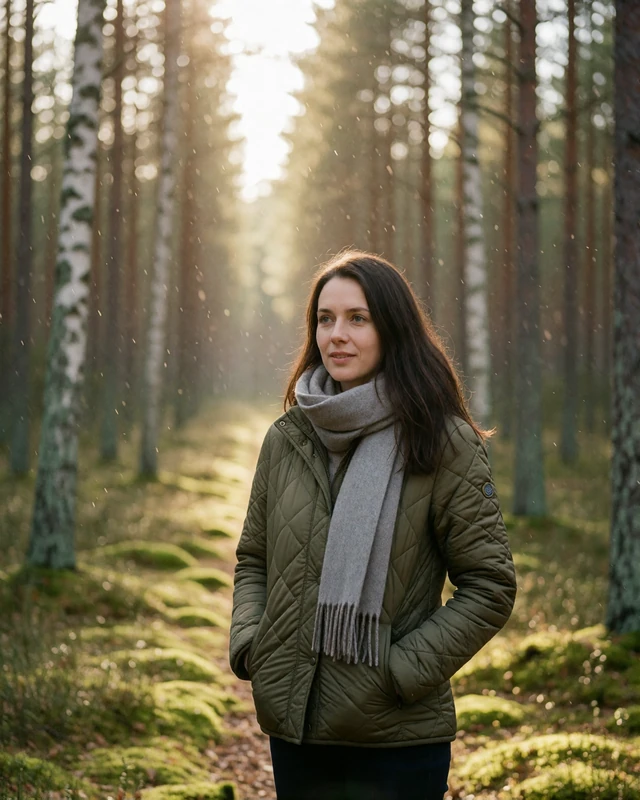 Estonian woman in an olive jacket on a mossy forest path among pine and birch trees, representing verified members outside the cities