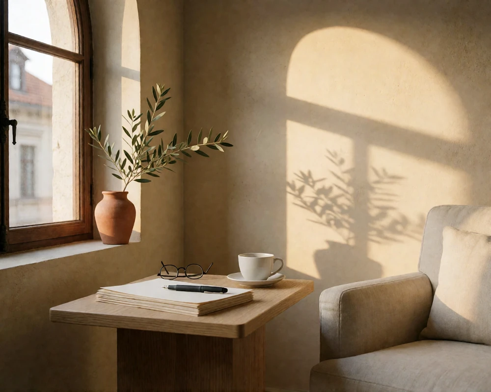 Sunlit reading corner with printed documents, reading glasses and a coffee cup, illustrating the MeetEurope member agreement