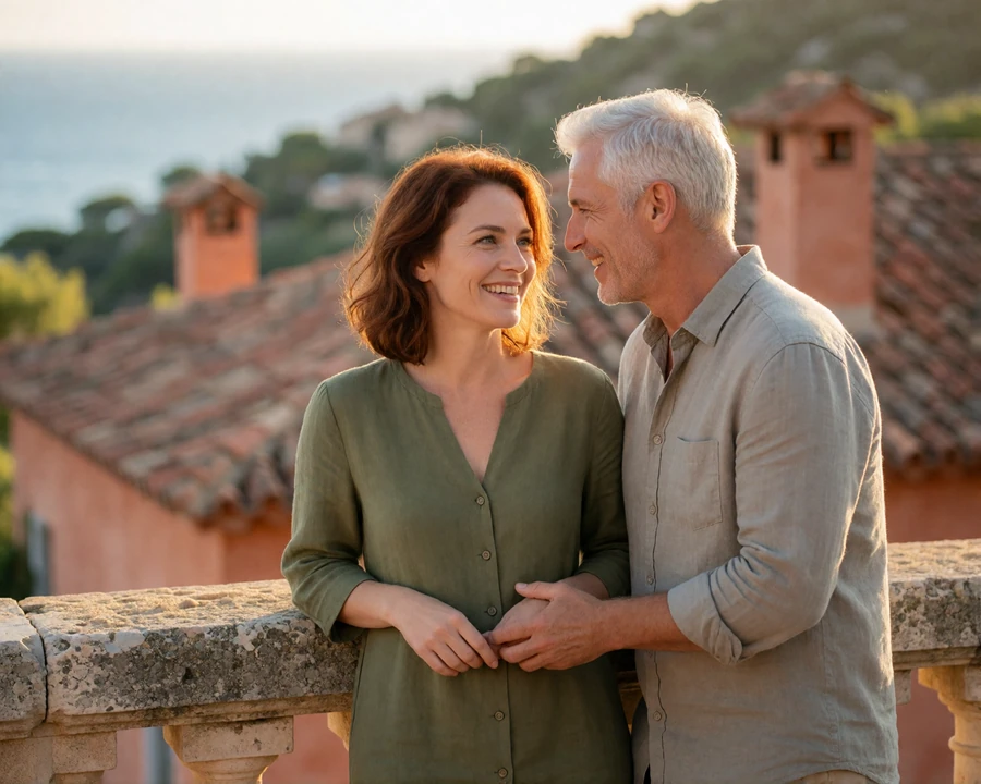 Mature couple laughing together on a hillside terrace above European rooftops during a visit