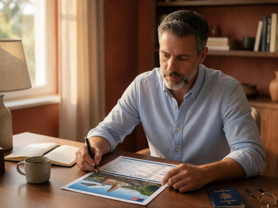 American man in his fifties planning a European trip at his home desk with a printed itinerary, notebook and passport