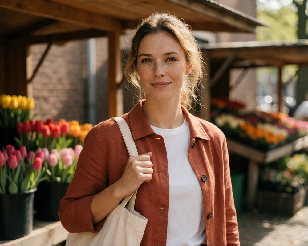 Dutch woman in a rust linen jacket browsing an open-air market in Utrecht, representing verified Dutch dating members