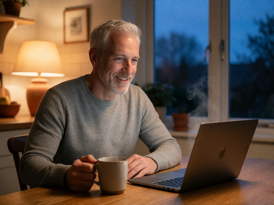 American man on an early morning video call with his European partner from his home kitchen