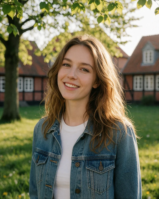Young Danish woman in a denim jacket in an Odense park with half-timbered houses behind, an example of a verified Danish member profile
