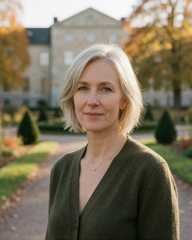 Swedish woman in an olive cardigan in the botanical garden in Uppsala, an example of a verified Swedish member profile
