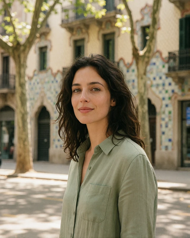 Catalan woman in a sage green linen shirt on a Barcelona street with modernist facades, representing verified members in Catalonia