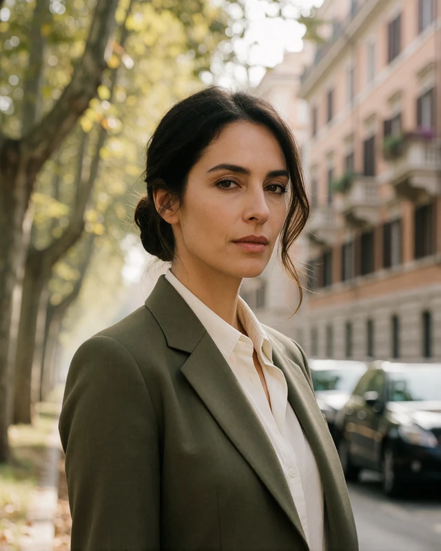 Italian woman in an olive blazer on a tree-lined avenue in the Prati district of Rome, representing professional verified members