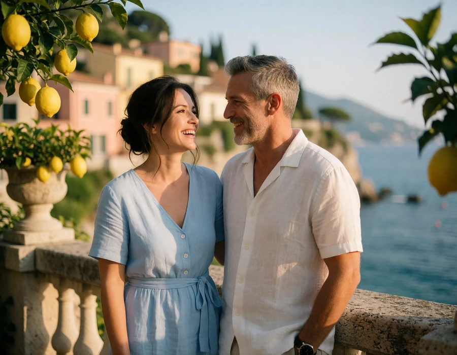Mature couple laughing together on a sunlit Italian coastal terrace overlooking the Mediterranean, illustrating an Italian-American relationship