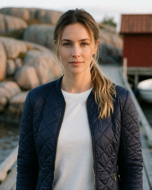 Swedish woman in a navy jacket on a jetty in the Gothenburg archipelago, an example of a verified Swedish member profile