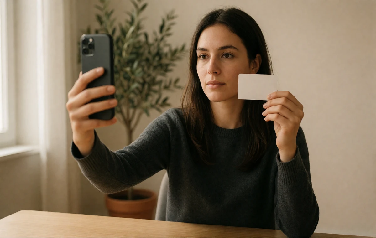 European member holding a blank card beside her face while taking a selfie for identity verification on a dating platform