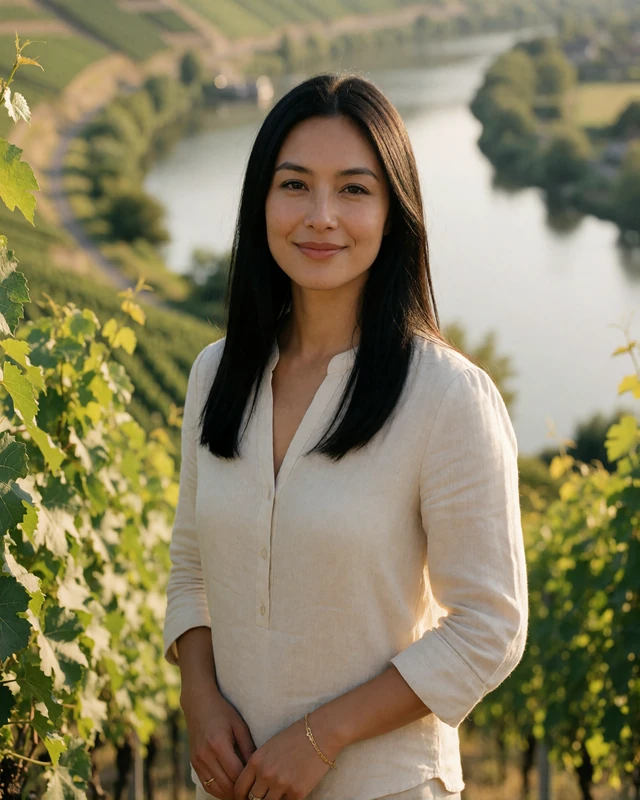Woman in a cream linen blouse in a Moselle vineyard in Luxembourg, representing verified members in the wine region