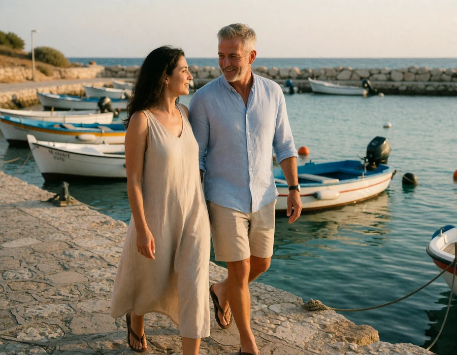 Mature American man and his Cypriot partner walking along a stone quay at a Cyprus seaside harbor at golden hour