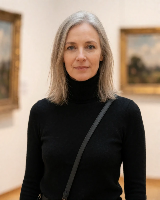 German woman in a black turtleneck inside a Munich gallery, representing verified German members