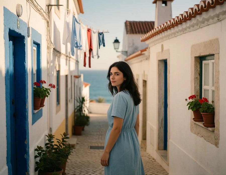 Portuguese woman in a blue dress walking through a whitewashed coastal town street with geraniums and terracotta roofs, illustrating everyday Portuguese life