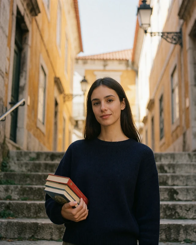 Portuguese woman in a navy sweater on a stone staircase in the historic university quarter of Coimbra, representing verified members in central Portugal