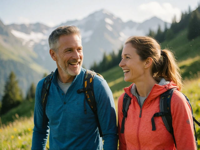 Mature couple hiking an alpine trail together during a European trip
