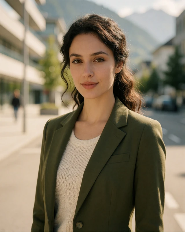 Professional woman in a green blazer on a pedestrian street in Schaan, representing verified members in Liechtenstein's largest municipality