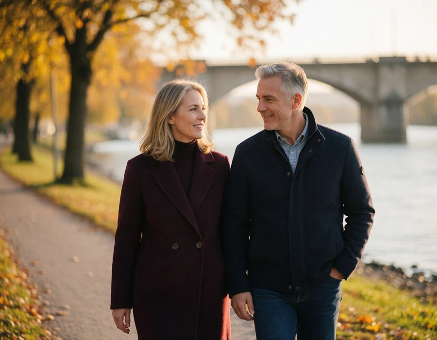Mature couple walking together on a riverside path beside the Rhine, illustrating a German-American relationship journey