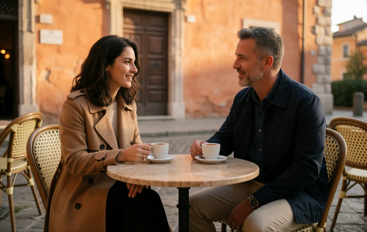 European woman and American man talking over espresso on a sunlit European cafe terrace during a first planned meeting