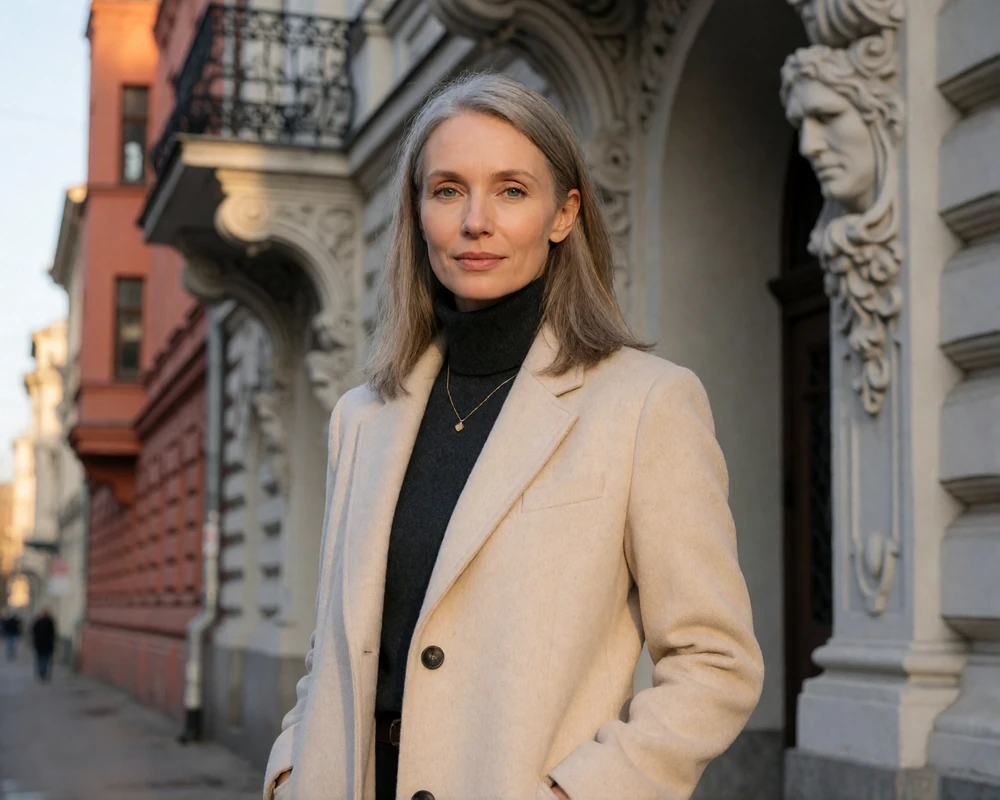 Elegant Latvian woman in a cream coat on a Riga Art Nouveau street, representing verified members on this Latvian dating site