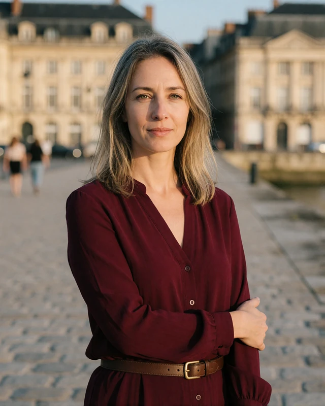 French woman in a burgundy blouse on a limestone quay in Bordeaux, representing verified members in southwest France