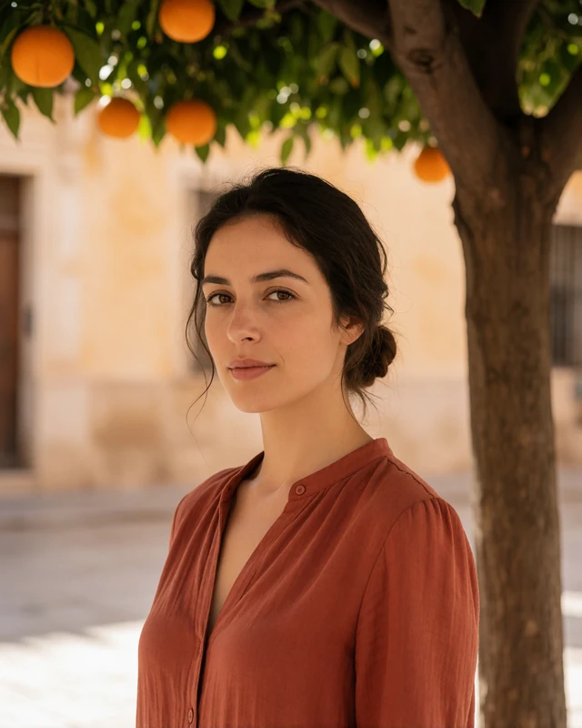 Spanish woman in a rust blouse beside an orange tree in a Valencia old town square, representing verified members in Valencia