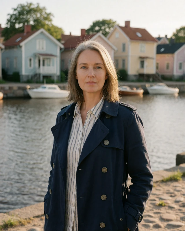 Finnish woman in a navy trench coat beside the Aura river in Turku, representing verified members in southwest Finland