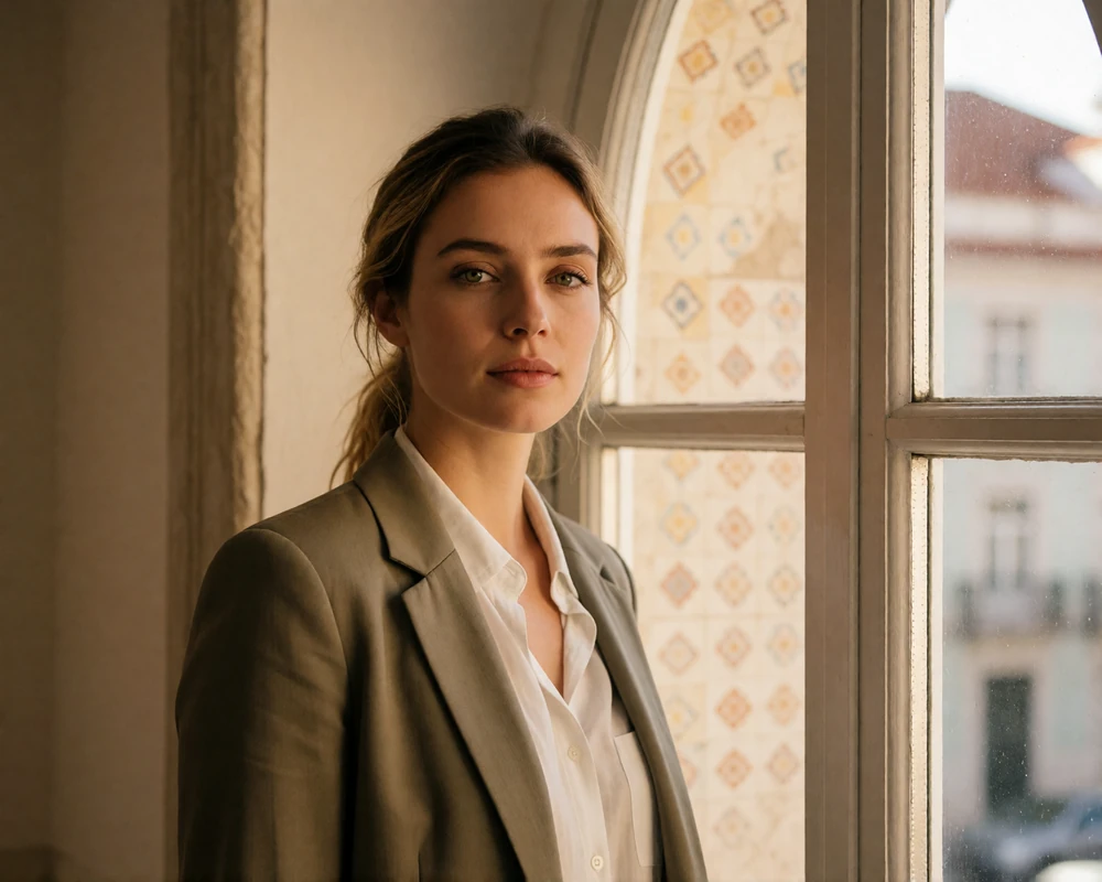 Elegant European woman by an arched apartment window in Lisbon, illustrating the MeetEurope member support page