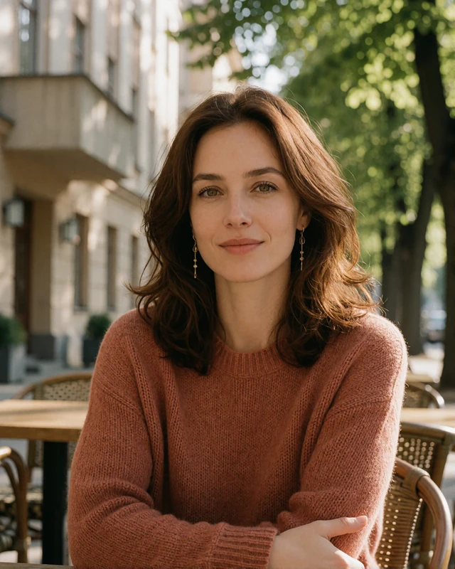 Lithuanian woman in a terracotta sweater at a cafe on Laisves Aleja in Kaunas, representing verified members in Lithuania's second city