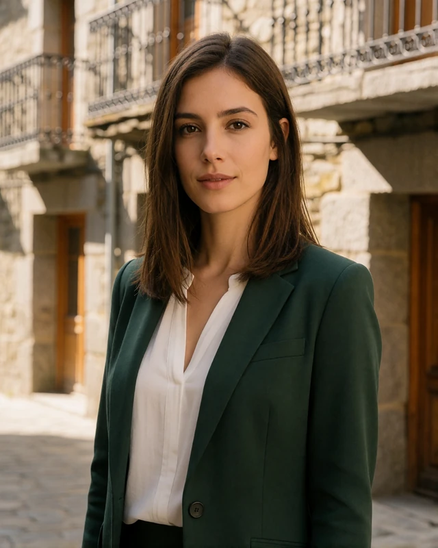 Andorran woman in a green blazer on a stone street in the old quarter of Andorra la Vella, representing verified members in the capital
