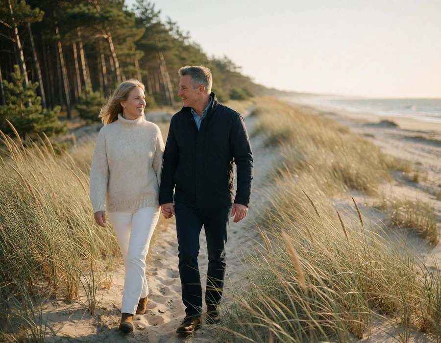 Mature couple walking a sandy dune path on the Curonian Spit coastline, illustrating an American-Lithuanian relationship journey