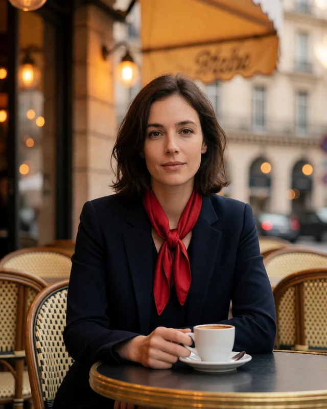 French woman at a Parisian cafe terrace with an espresso, representing verified French members
