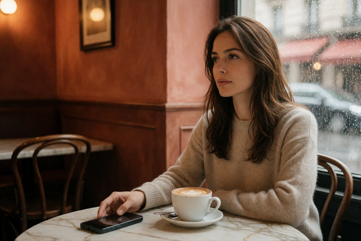 European woman placing her phone face-down on a cafe table and looking out the window, stepping back from local dating apps
