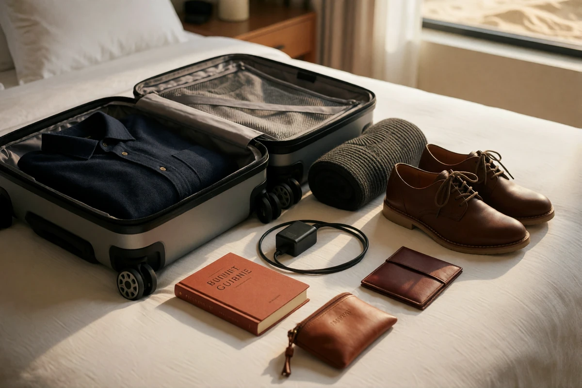 Open carry-on suitcase with folded clothing, adapters and a guidebook packed on a hotel bed for a Europe trip